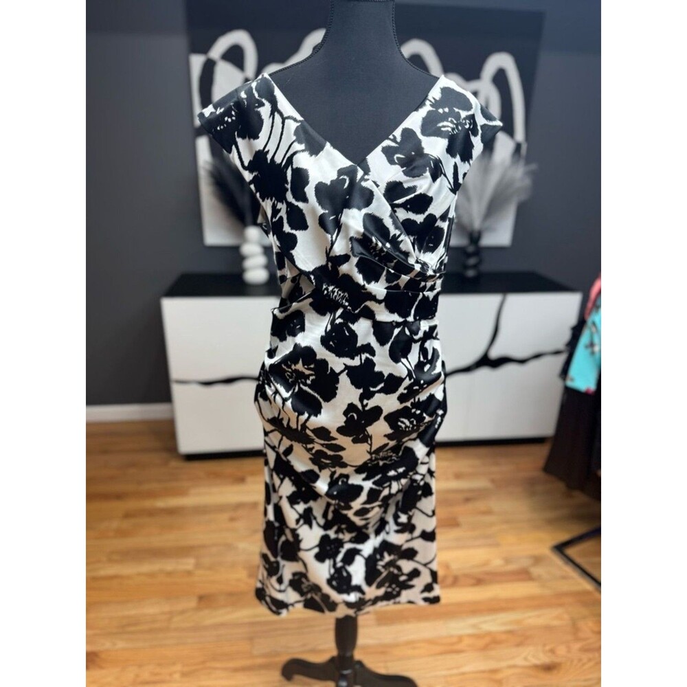 Maggy London Black White Floral V-Neck Midi Dress Women's Size 12 Career Work